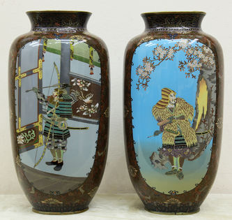 Арт-студия "Кентавр" - Парные вазы с картушами с изображением самураев, воробьёв и цветов №015068